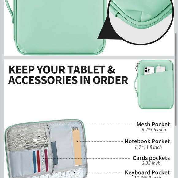 New 12.9"  Tablet Sleeve Padded Mint Green for ipad Pro Surface Pro Galaxy TabS8 - Picture 12 of 13